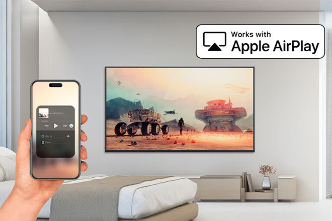 The image demonstrates that the AirPlay feature allows content from an iPhone to be displayed on the in-room hotel TV.