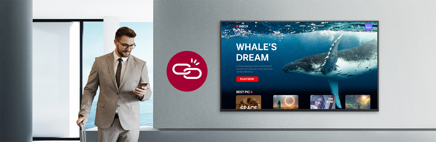 A man is checking out while OTT content is playing on the hotel room TV. The image illustrates a scenario related to the local PMS feature that supports automatic logout upon checkout.