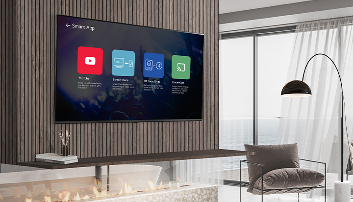 With the 'Smart Apps' feature provided by LG Pro:Centric Cloud, hotels can preset each app icon to display on the hotel TV, such as streaming services like Netflix or YouTube, or an internet browser. The image is simply illustrating this 'Smart Apps' feature.