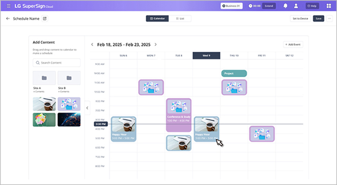 This image highlights that content schedules can be easily managed with LG SuperSign Cloud through an easy-to-use drag-and-drop interface.