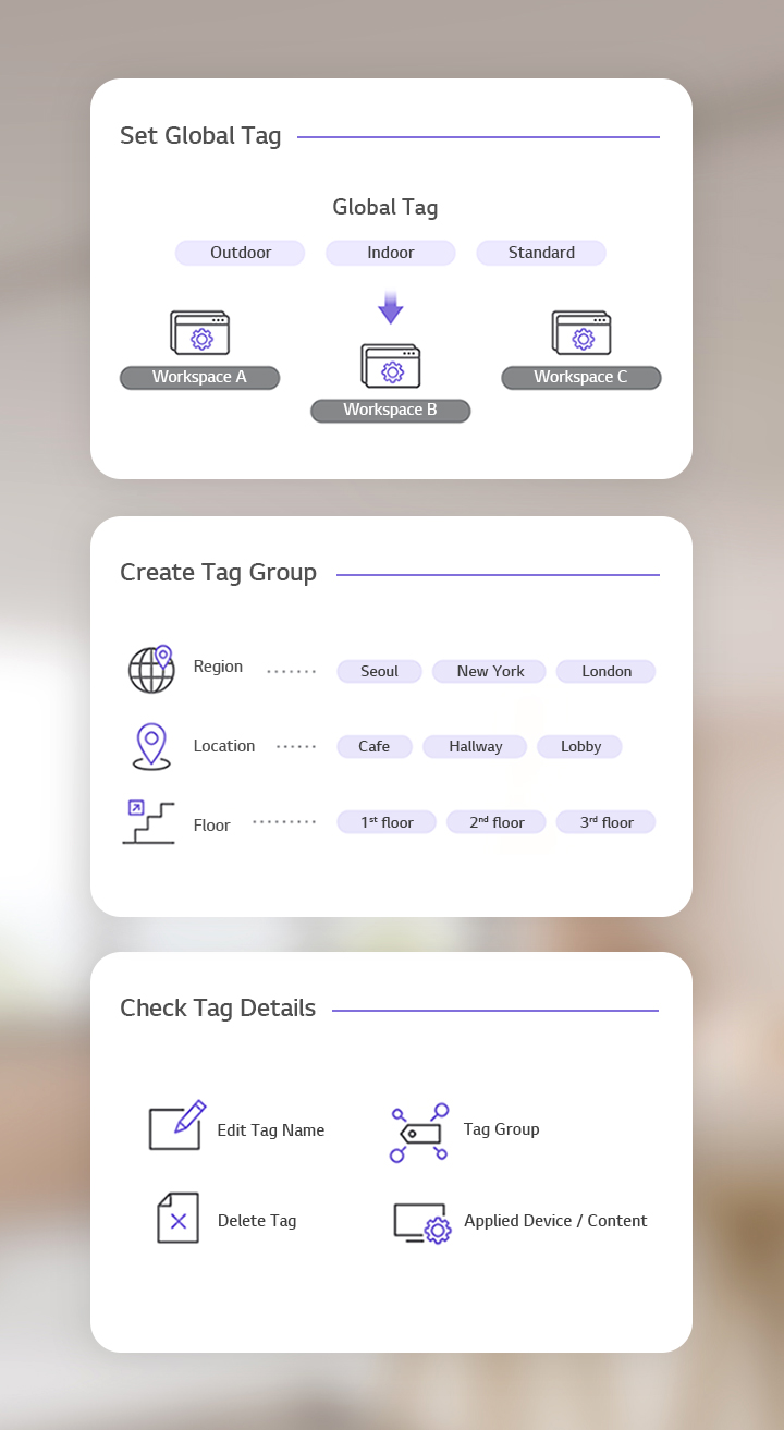 This visual briefly introduces the functions available in Tag Management, supported by simple icons.