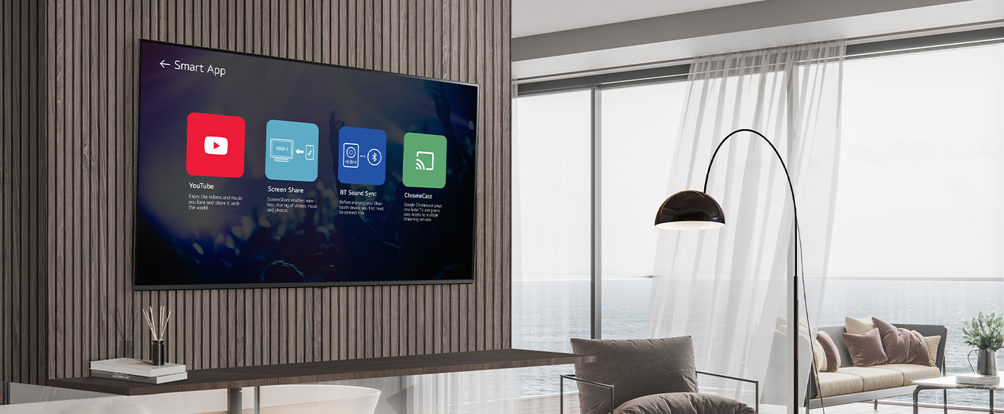 With the 'Smart Apps' feature provided by LG Pro:Centric Cloud, hotels can preset each app icon to display on the hotel TV, such as streaming services like Netflix or YouTube, or an internet browser. The image is simply illustrating this 'Smart Apps' feature.