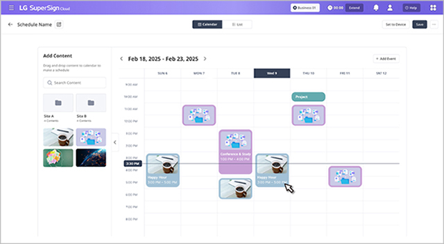 This image highlights that content schedules can be easily managed with LG SuperSign Cloud through an easy-to-use drag-and-drop interface.